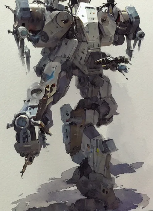 Prompt: concept art s a mech robot with weapons, pinterest, artstation trending, behance, watercolor, by coby whitmore *, silver, laser light *,