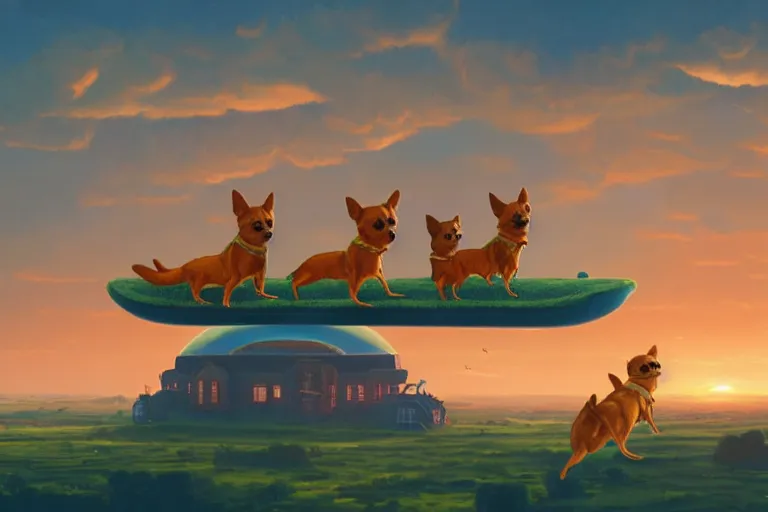 Image similar to Three chihuahuas on a flying carpet, flying in the sky, looking down on an English town, sunset, golden hour, cinematic lighting, epic scene, digital art painting by simon stalenhag