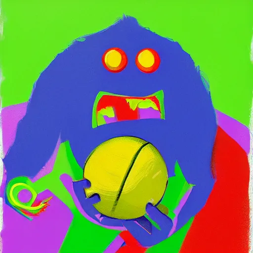 Prompt: a tennis ball monster ,tennis ball, tennis court, colorful, digital art, fantasy, magic, trending on artstation, ultra detailed, professional illustration by Basil Gogos