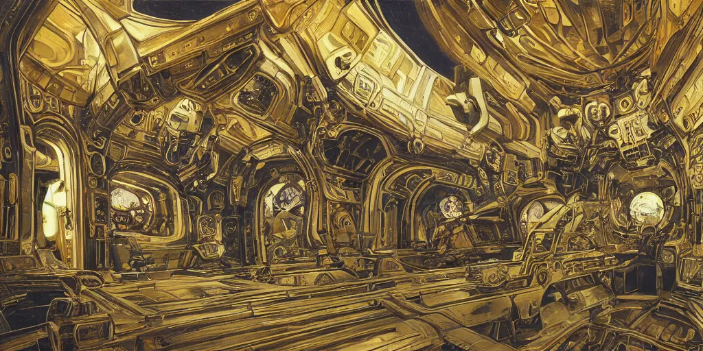 Prompt: interior, wide angle, ornate, gilded, cockpit of an futuristic gothic crusader spaceship,, art jacek malczewski