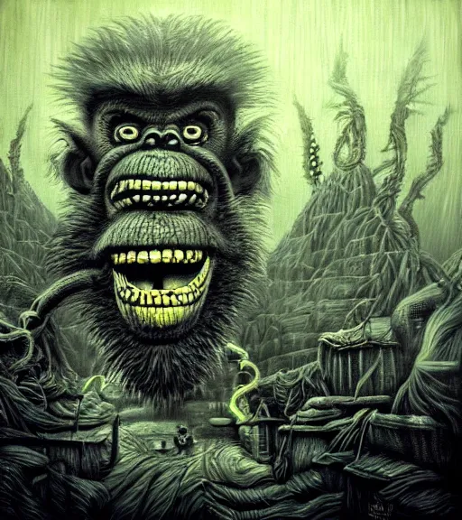 Image similar to lovecraftian donkey kong by wayne barlow, stanley donwood, anton semenov, zdzislaw bekinski, hr giger, 8 k, fantasy, dark, highly detailed