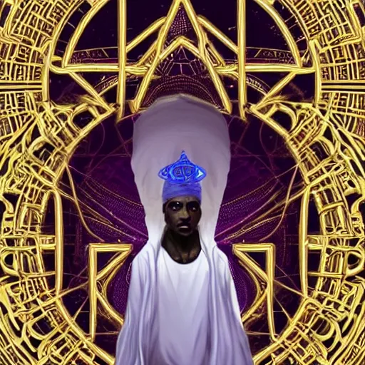 Image similar to symmetry!! an african moor wearing white robes and turban entering the voidspace. ornate, golden, steampunk stargate. front game card. marvel comics. dark. intricate. highly detailed. smooth. artstation. digital illustration by ruan jia, mandy jurgens, artgerm, wayne barlowe, greg rutkowski, and zdislaw beksinsk.