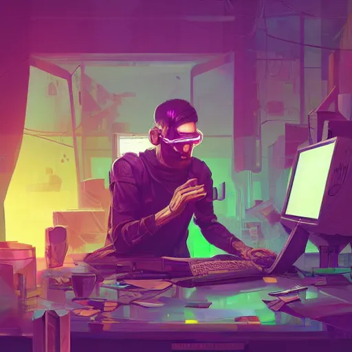 Prompt: a man sitting at a computer in a messy cluttered room, cyberpunk art by Victor Mosquera, Anton Fadeev, omineAdrian theCHAMBA, behance contest winner, pixiv contest winner, tumblr contest winner, panfuturism, deconstructivism, parallax, https://i.ibb.co/Wz2Fw91/sebastian-szmyd-vhs-cyberpunk-2.jpg