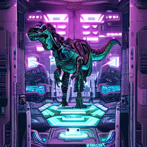 Image similar to beautiful detailed comic illustration, mecha dinosaur fractals, cyberpunk, neon