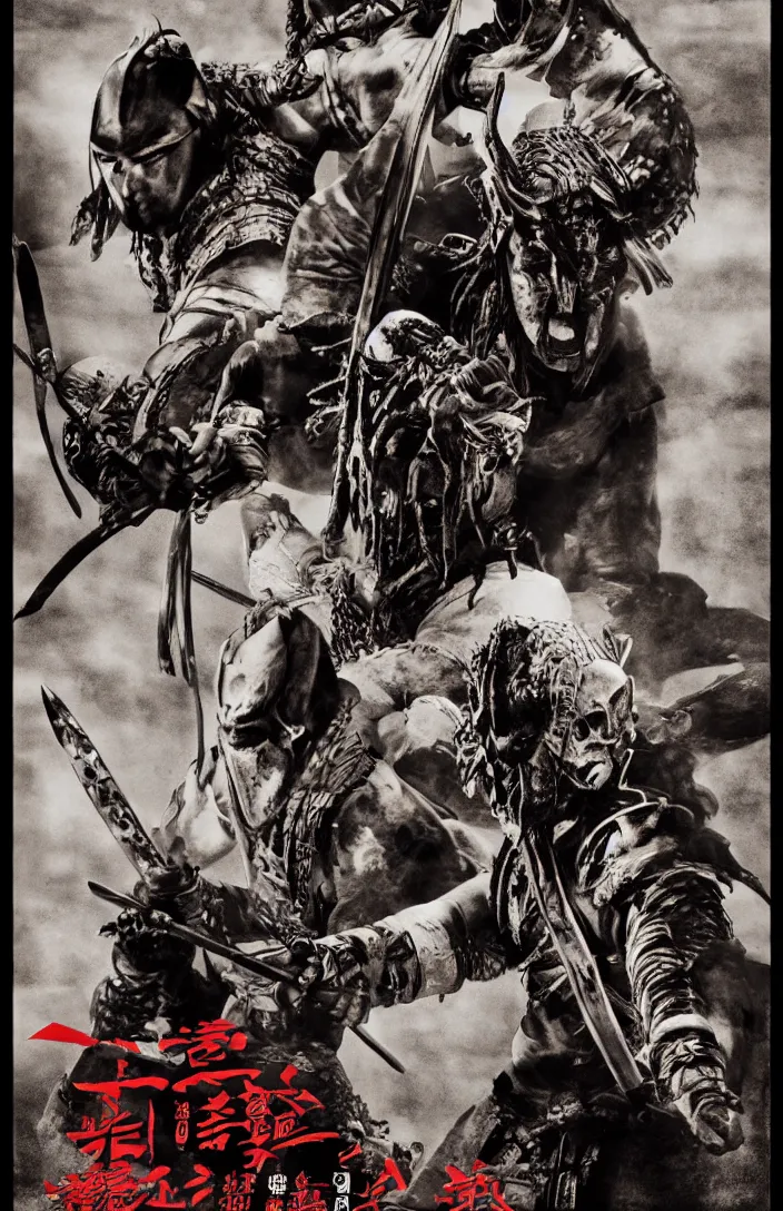 Image similar to movie film poster art for samurai vs predator film shot in feudal japan staring hiroyuki sanada as a disgraced ronin who hunts down the predator after he fails to protect his master from it. in the style of ansel adams, reynold brown, h. r. geiger.