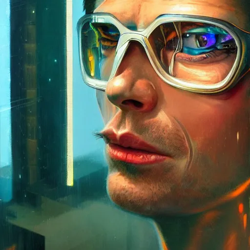 Prompt: detailed face of a michael mcinytre as a cyborg staring into space, utopian, tech noir, wet reflections, prism, atmospheric, ambient, pj crook, syd mead, livia prima, artgerm, greg rutkowski, nick alm, casey baugh