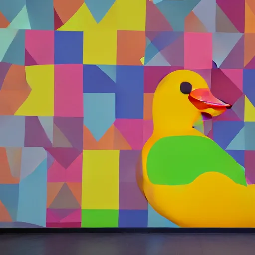 Image similar to a large rubber duck sits alone in a large room next to a birthday cake, the walls are covered with colorful geometric wall paintings in the style of sol lewitt.