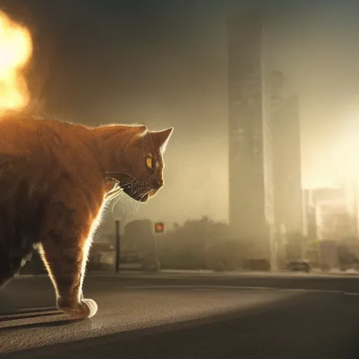 Prompt: apocalyptic, a closeup of an big angry cat walking on the future street. smoke. volumetric lighting, sharp focus, ultra detailed, cgsociety - w 1 0 2 4 - n 8 - i