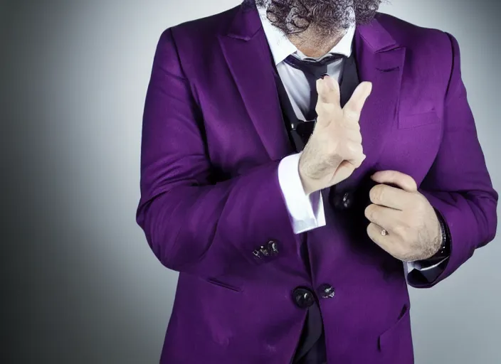 Image similar to caparezza wearing a tight dark purple suit, elegant, promotional photo, studio lighting