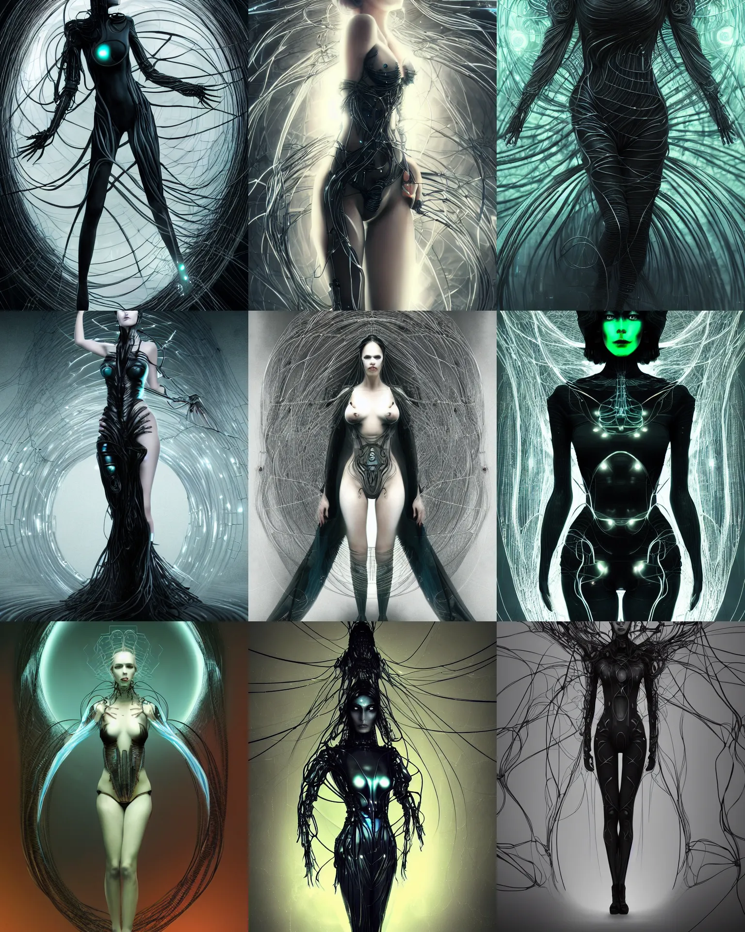 Prompt: charlie bowater and wlop symmetrical full body character portrait of liliana vess as borg queen of sentient parasitic flowing ai, floating in a powerful zen state, avant garde fashion model, beautiful and ominous, wearing bodysuit made of wires organic fractal ceramic, machinery enveloping nature in the background, artstation scifi character concept, hyper realism, sharp focus