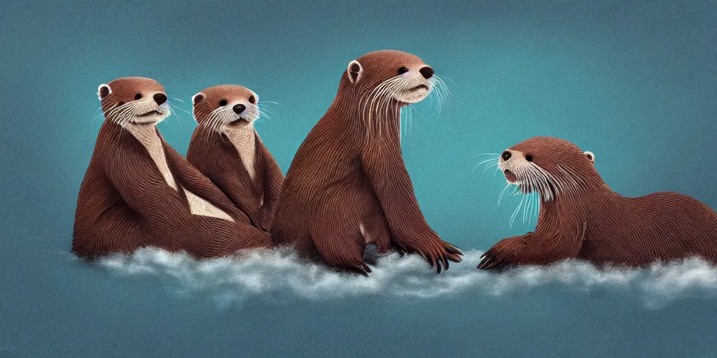 Image similar to illustration hyper detailed cute otters holding hands in a huge storm cinematic dreamlike trending on artstation masterpiece