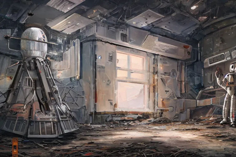 Image similar to A beautiful painting of inside in abandoned rusty space station from kindzadza, Trending on artstation, single astronaut standing and looking on camera