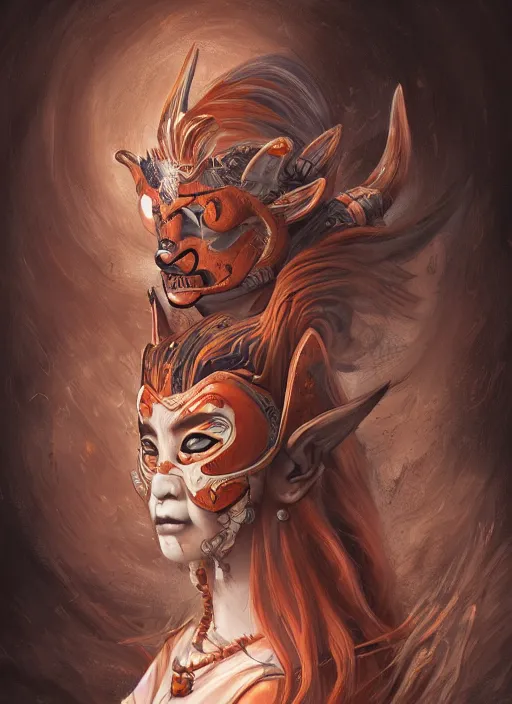 Prompt: a beautiful detailed oil on copper art illustration of a japanese oni kitsune mask shogun woman, the mask is broken, centered, by charlie bowater, zeng fanzh, trending on artstation, dim dusk lighting, cinematic lighting, detailed lighting, volumetric lighting, realistic, f 8, 4 k hd wallpaper