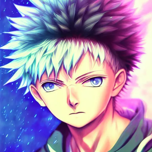 Image similar to killua zoldyck in rossdraws art, with thunderstorms, 8 k, bright colors, detailed face, details, sharp smooth, aykut aydogdu