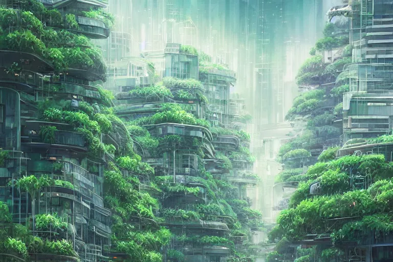 Image similar to futuristic city, lush vegetation, humid, early evening, diagonal view, geometric buildings, cloudy, beautiful, dull pastel colors, realistic, foggy, dreamy, nostalgic, bright, trending on artstation by yoshitaka amano and makoto shinkai, studio ghibli style