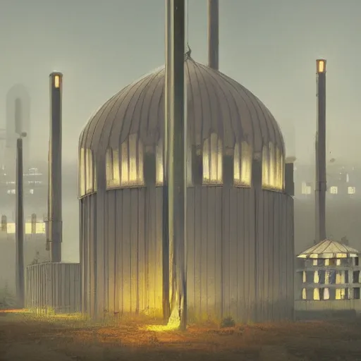 Image similar to mosque in style of steel factory, mist, simon stalenhag