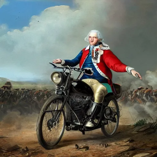 Image similar to George Washington rides a motorcycle to attack the British army in the revolutionary war, epic, cinematic, concept Art, detailed, 4K