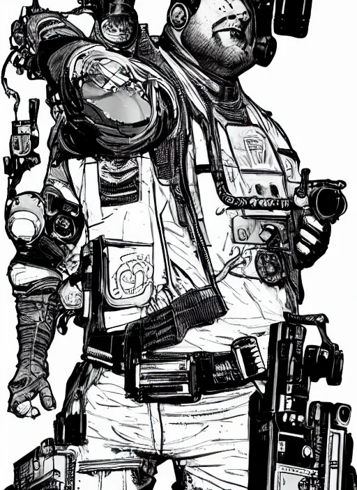 Prompt: cyberpunk paul blart using taser. portrait by ashley wood and alphonse mucha and laurie greasley and josan gonzalez and james gurney. spliner cell, apex legends, rb 6 s, hl 2, d & d, cyberpunk 2 0 7 7. realistic face. vivid color. dystopian setting.