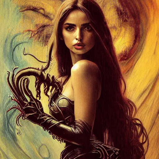 Prompt: half length portrait of ana de armas as a warlock using cthulhu eldritch magic, d & d, medieval, fantasy, giger, royo, klimt, miro, vallejo, frazetta, alphonse mucha, greg rutkowski, whealan