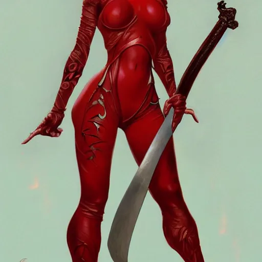 Image similar to a female demon wearing a skintight red mechanics jumpsuit holding a sword, intricate, elegant, highly detailed, digital painting, artstation, concept art, smooth, sharp focus, illustration, art by artgerm and greg rutkowski and alphonse mucha, 8 k