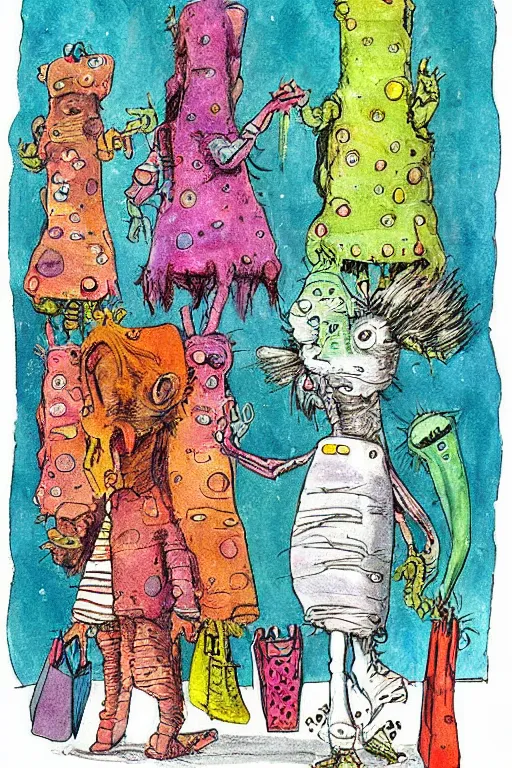 Prompt: cute aliens shopping for clothes by jerry pinkney