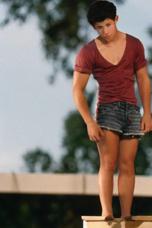 Image similar to close up still shot of young nick jonas standing on the diving board, 3 5 mm, highly detailed, disney channel original movie camp rock, dynamic lighting