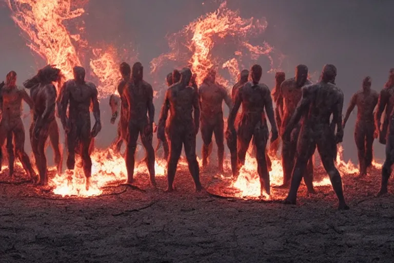 Image similar to a cinematic wide angle photograph of a group of mutants made entirely of fire walking through a vast serene landscape, beautiful lighting, high depth, ultra realistic, artistic, by zack snyder and john harris