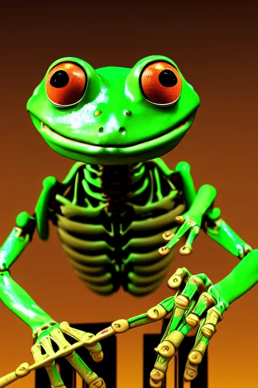 Image similar to movie poster of kermit the terminator, chromatic humanoid skeleton frog skeleton hybrid, robot, ultra realistic, cinematic lighting hd photography,
