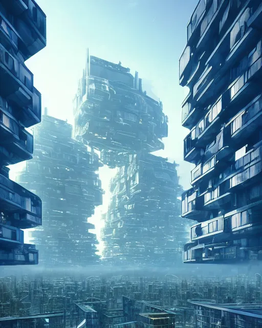 Image similar to dystopian mega city, neo-brutalist buildings, by Leon Tukker, Makoto Kobayashi, synthetic light, blue trees, people on the streets, utopia, perfect, futuristic, 8k high detail, masterpiece, trending on ArtStation