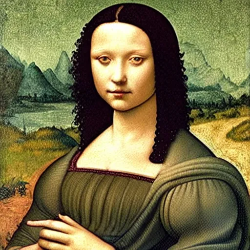 Prompt: young woman from the year 1 5 0 0, seated in front of a landscape background, her black hair is fine curly, she wears a dark green dress pleated in the front with yellow sleeves, puts her right hand on her left hand and smiles slightly, oil painting in style of leonardo da vinci