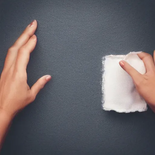 Prompt: “stock photo of a woman’s hands tearing open a square white sachet”