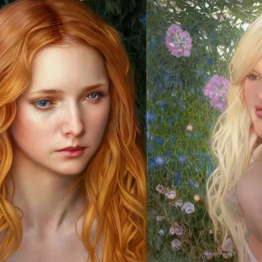 Image similar to A young woman with blonde long hair and bangs in shorts and white shirt drawn by Donato Giancola and Artgerm, Light by Julie Bell, design by alphonse mucha, background by James Jean and gustav klimt and John Marshall Gamble, 4k, volumetric lighting, french nouveau, trending on artstation, octane render, hyperrealistic