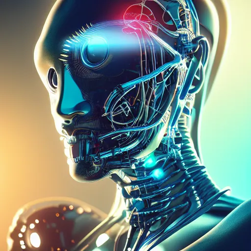 Prompt: a beautiful photoshoot of cybernetic human, wearing epic bionic cyborg implants, wires, tubes, biomechanical details, liquid, prismatic highlights, depth of field, cinematic, macro, concept art, 5 0 mm, artstation, digital painting, elegant, focus, octane render, ray tracing, by h. r. giger