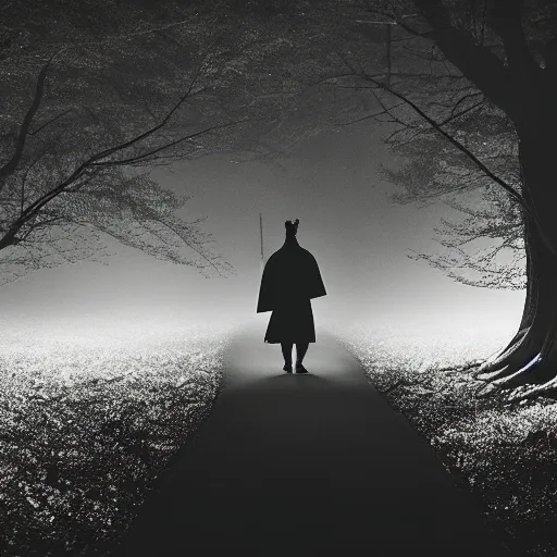 Image similar to a samurai walks alone through the woods at night, gloomy, dark, foggy, night, ominous, dark color, atmospheric, cinematic lighting, intricate detail?