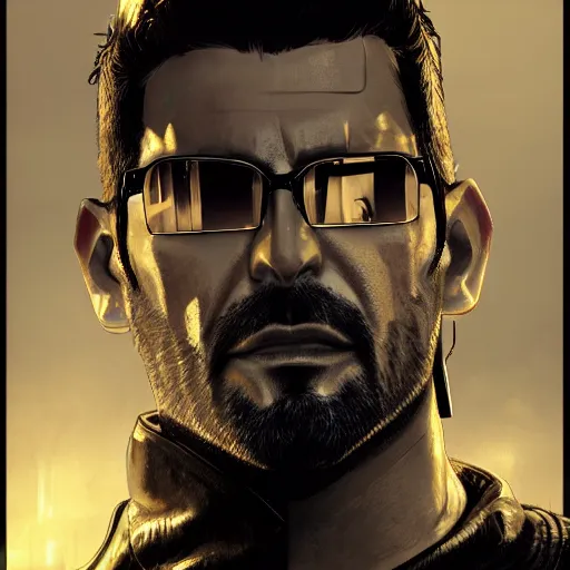 Image similar to Adam Jensen from Deus Ex as a GTA character, by Cedric Peyravernay, highly detailed, hyperrealism, excellent composition, cinematic concept art, dramatic lighting, trending on ArtStation