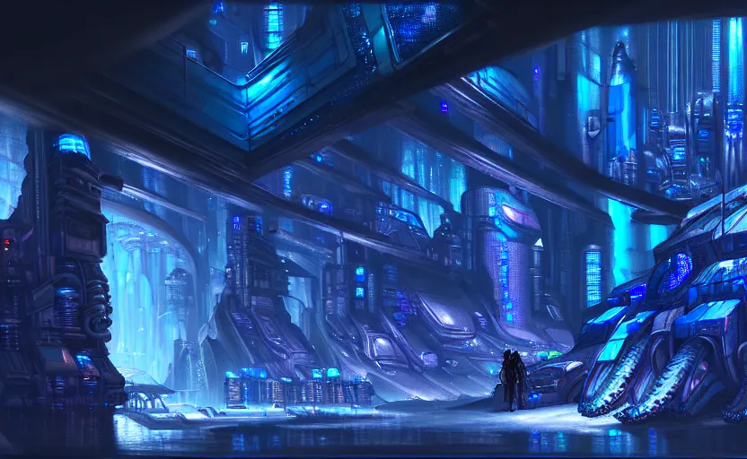 Image similar to cyberpunk factory in a dark cave, blue crystals, hyper detailed, realistic, intricate, concept art by frank hong, mate painting, artstation