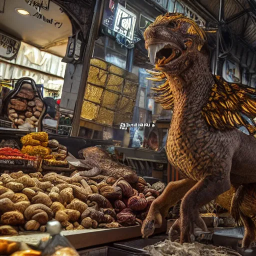 Image similar to buying a griffin at a market in istanbul, hyper detailed, dramatic lighting, cgsociety, realistic, hyper detailed, insane details, intricate, dramatic lighting, hypermaximalist, golden ratio, rule of thirds, octane render, weta digital, micro details, ultra wide angle, artstation trending, 8 k,