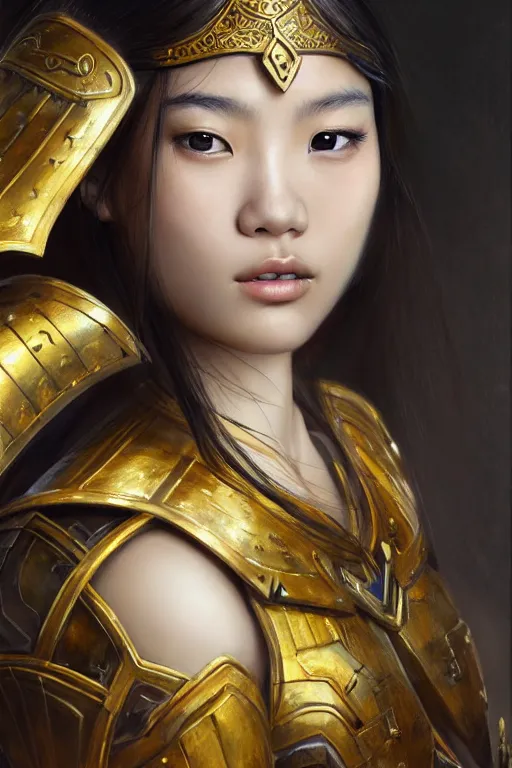 Image similar to a photorealistically painted portrait of an attractive young asian girl, partially clothed in metal-plated battle armor, with an abstractly painted background, flawless skin, fair complexion, long dark hair, beautiful bone structure, perfectly symmetric facial features, perfect photorealistic eyes, natural physique, intricate, elegant, digital painting, concept art, finely detailed, beautifully illustrated, sharp focus, minimal artifacts, volumetric lighting, from DOOM and Halo, by Ruan Jia and Mandy Jurgens and Artgerm and William-Adolphe Bouguerea, in the style of Greg Rutkowski, trending on Artstation, award winning art