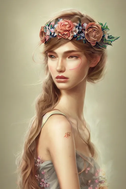 Image similar to beautiful maiden wearing a floral headband, intricate, elegant, highly detailed, digital painting, artstation, concept art, smooth, sharp focus, illustration, art by WlOP