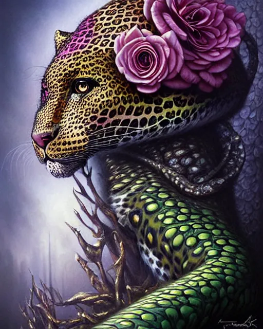 Image similar to a detailed portrait of dreampunk princess leopard crocodile hybrid mix beautiful! floral by tomasz alen kopera and peter mohrbacher