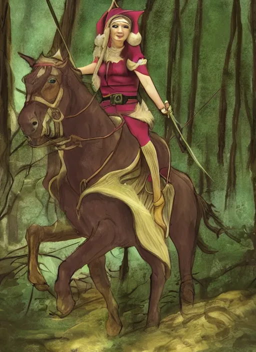 Image similar to an elf with a bow and arrow in her hand rides a horse through the woods. towards a village that is set in a cliff. mystical style