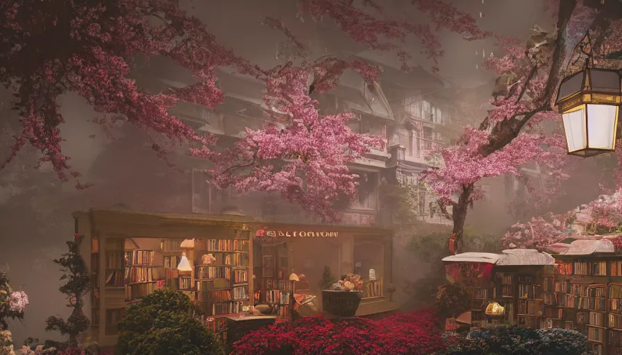 Prompt: a Wes Anderson 35mm film still of a very surreal magical bookstore with a waterfal inside, apothecary, botanical garden, falling be cherry blossoms pedals, in the style of Gucci and Wes Anderson glowing lights and floating lanterns, foggy atmosphere, rainy, moody, muted colors, magic details, very detailed, 8k, cinematic look, octane render, psychedelic,