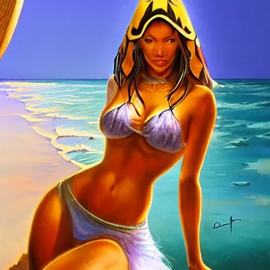 Prompt: a fantasy painting on oil of a beautiful female tiger girl tabaxi surfer girl druid catgirl leaning against a wooden surfboard on a sandy beach in the Maldives, artstation, andrei riabovitchev, nuri iyem, james gurney, james jean, greg rutkowski, highly detailed, Rossdraws, Bluesssatan, Mandy Jurgens, Stjepan Sejic