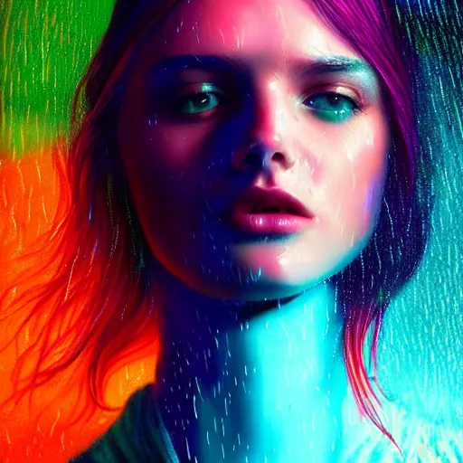 Image similar to bright asthetic portrait LSD glowing backlit rain on face and wet hair in strands, overhead lighting, fantasy, intricate, elegant, dramatic lighting, highly detailed, lifelike, photorealistic, digital painting, artstation, illustration, concept art, smooth, sharp focus, art by John Collier and Albert Aublet and Krenz Cushart and Artem Demura and Alphonse Mucha