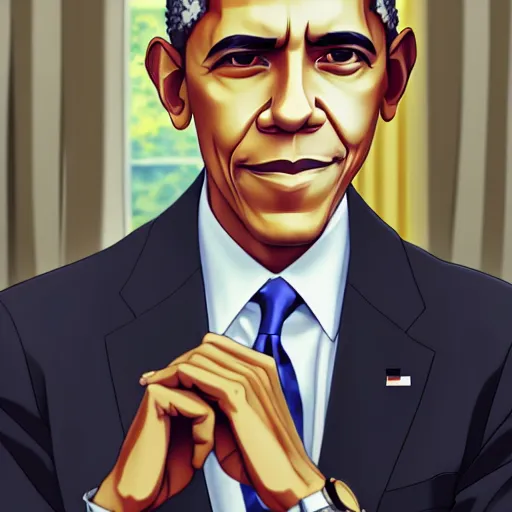 Prompt: beautiful makoto shinkai anime style digital painting portrait of barack obama in the white house, 4 k, 8 k, hd, high resolution, highly detailed, intricate detail, ultra realistic faces, digital art, trending on artstation, your name, weathering with you