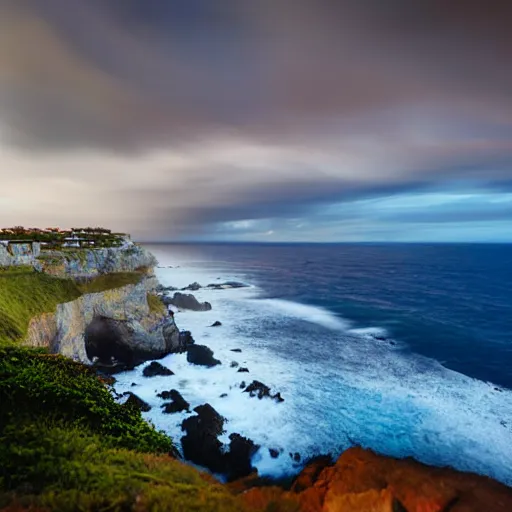 Image similar to micro - hurricane, blue hour, early night, deep blue atmosphere, overcast, low light, black and blue sky, sundown, scattered islands, sea, ocean, low pressure system, cloud with eye, very windy, late evening, distant hotel retreat on cliffside, shining lights on cliff side, polaroid photograph