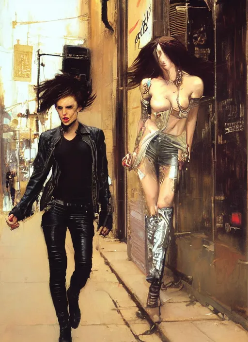 Image similar to androgynous glam rocker outside cbgb in the style of phil hale, sfumato Orientalist portrait by john william waterhouse and James Gurney, Syd Mead, Phil Hale, oil on canvas. Cinematic, hyper realism, realistic proportions, dramatic lighting, high detail 4k