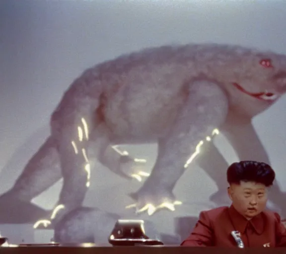 Image similar to Pulgasari the North Korean monster, volumetric lighting, filmstill, produced by Kim Jong-il, Kodachrome, kaiju-eiga, starfish monster movie, communist propaganda, film noir, 35mm film grain, Cooke Varotal 20-100mm T3.1