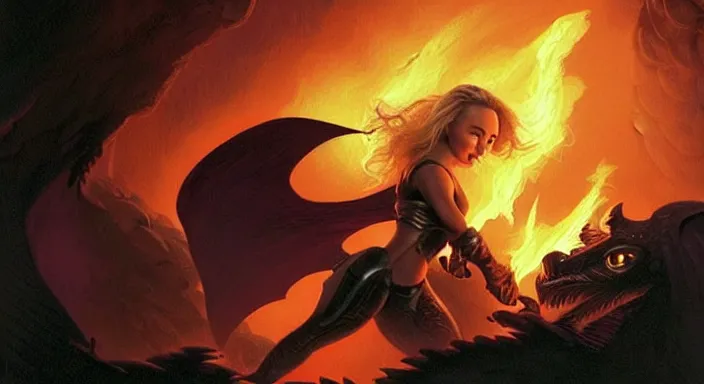 Image similar to Hayden Panettiere from Heroes (2006) fighting a black dragon in a dark cave lit by fire explosions, wide-angle lens, D&D, fantasy, intricate, elegant, highly detailed, digital painting, artstation, concept art, matte, sharp focus, illustration, hearthstone, art by Artgerm and Greg Rutkowski and Alphonse Mucha