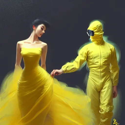 Image similar to a man in a yellow hazmat suit and a voluminous woman in a yellow organza dress both dancing, intricate, elegant, digital painting, concept art, smooth, sharp focus, illustration, from metal gear, by ruan jia and mandy jurgens and william - adolphe bouguereau, artgerm